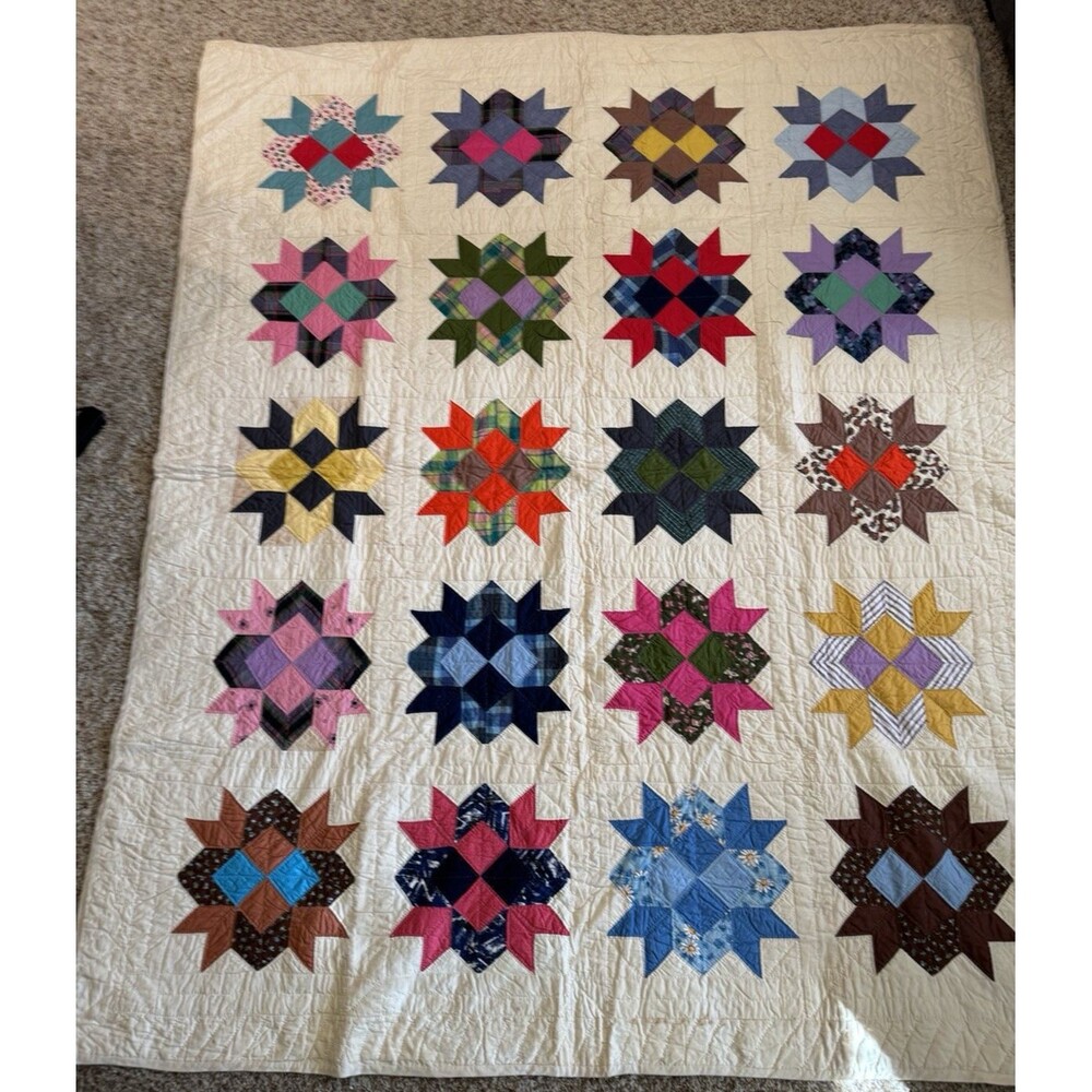 Vintage Handcrafted Patchwork Star Quilt Calico Cottagecore Folk Art 69"x84"
